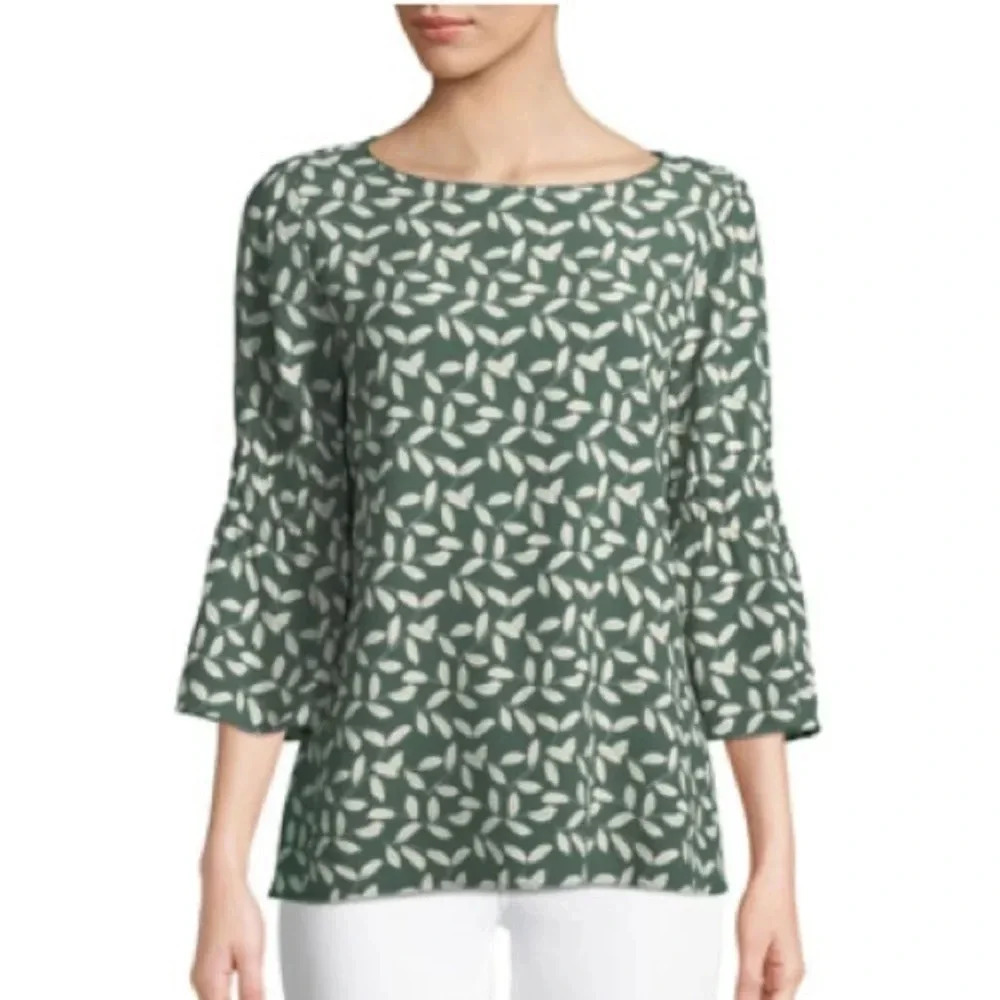 Lafayette 148 Lorelei Mini-Inspired Laurel Blouse. Size S, green and white